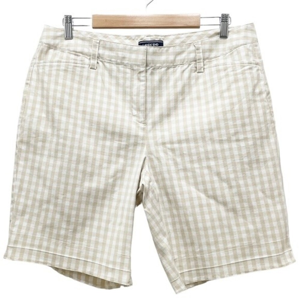 Lands’ End Shorts Tan & White Preppy Gingham Bermuda Shorts Size 14P | 14 Petite